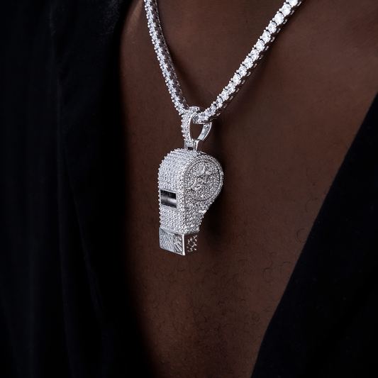 Iced Functioning Coaches Whistle Pendant in White Gold