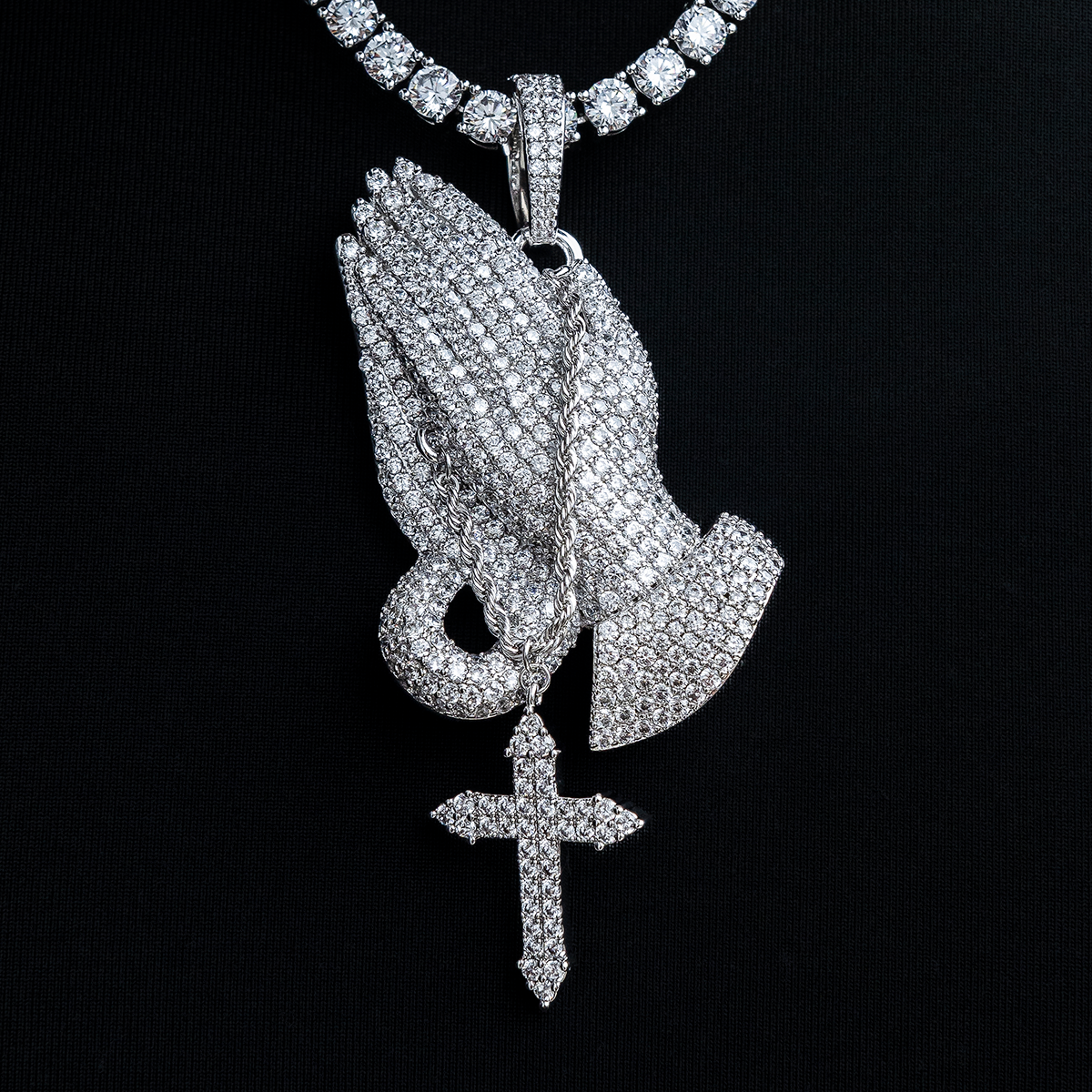 Large Iced Praying Hands with Cross Pendant in White Gold