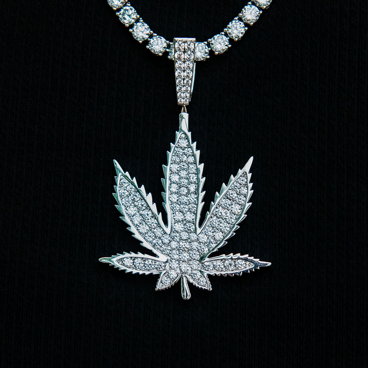 Large Diamond Weed Leaf Pendant - White Gold