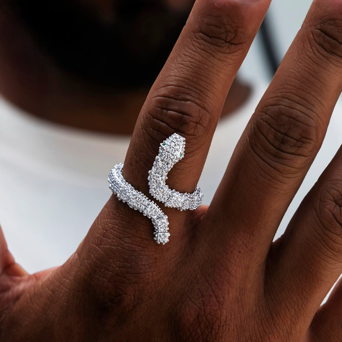 Iced Snake Wrap Ring in White Gold