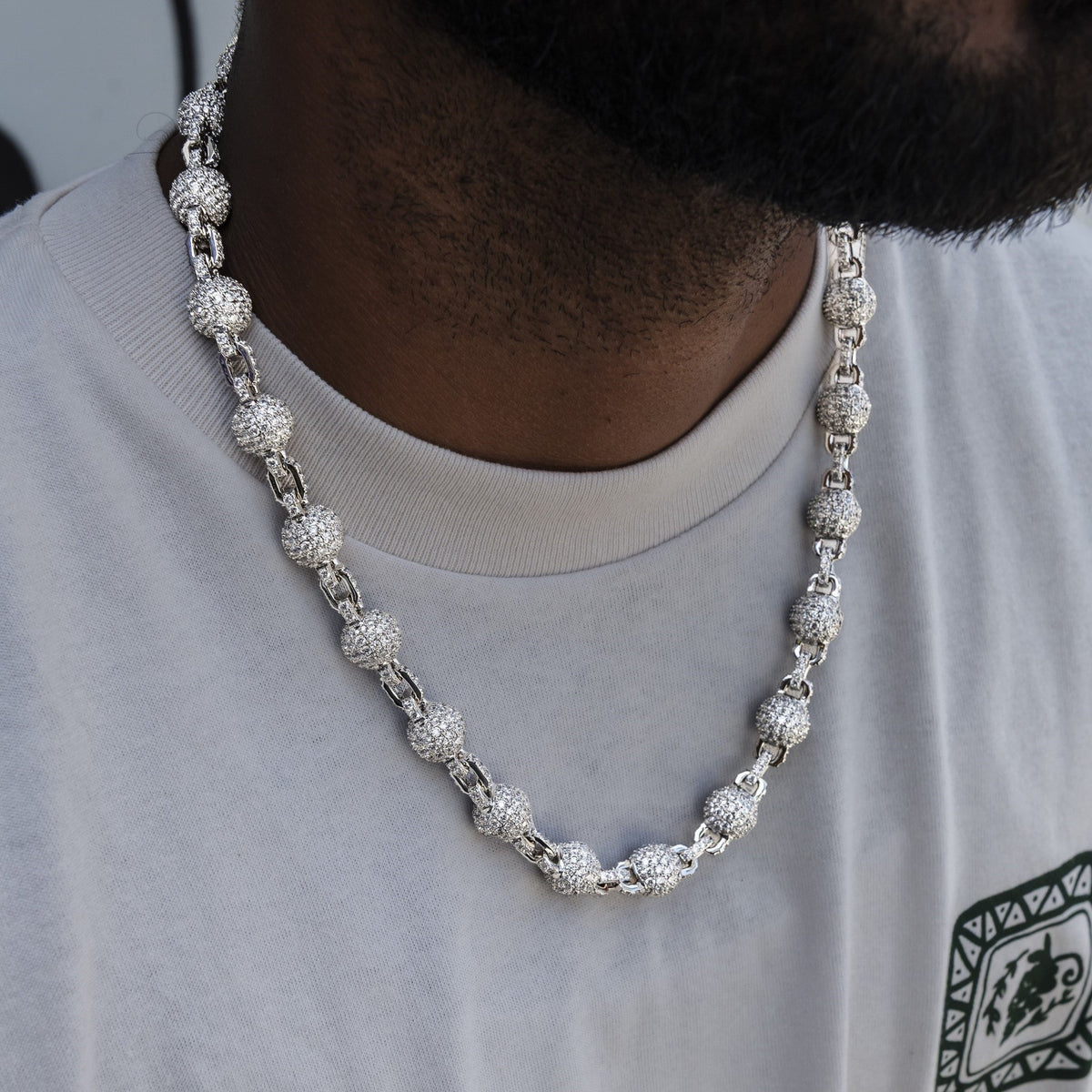 12MM Iced Ball Chain in White Gold