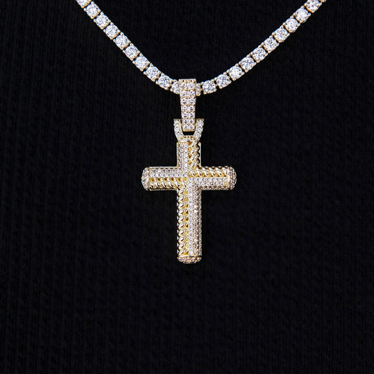 Iced Rope Mix Cross Pendant in Yellow Gold
