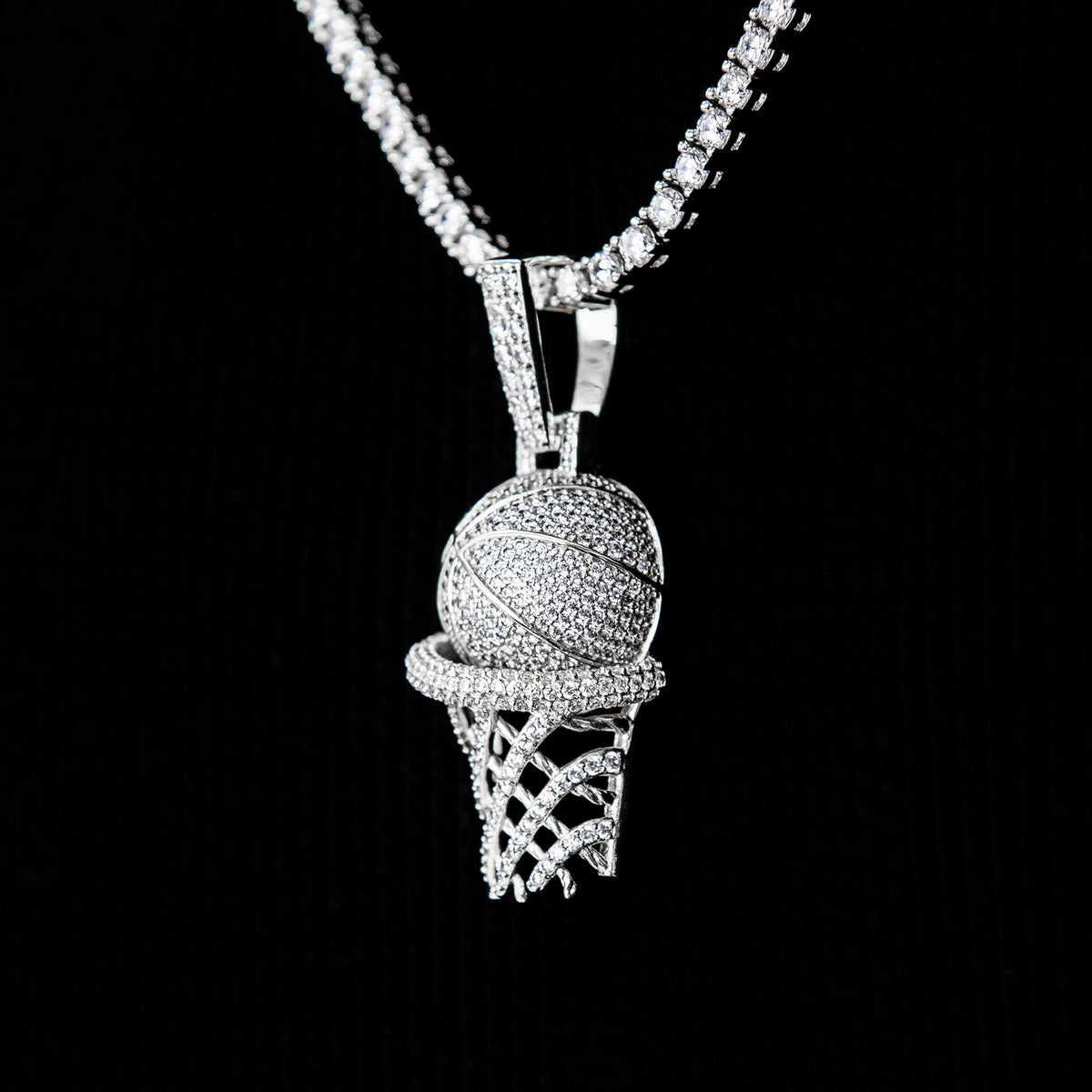 Iced Basketball Hoop Pendant in White Gold