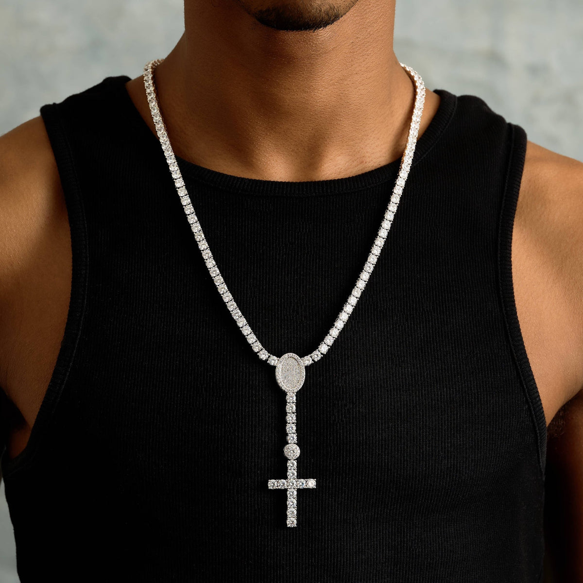 Diamond Eternity Tennis Cross Rosary Lariat in White Gold - 5mm