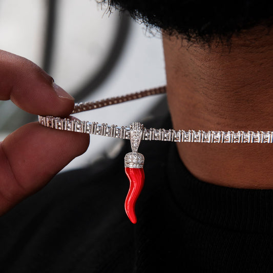 Iced Red Italian Horn Pendant in White Gold