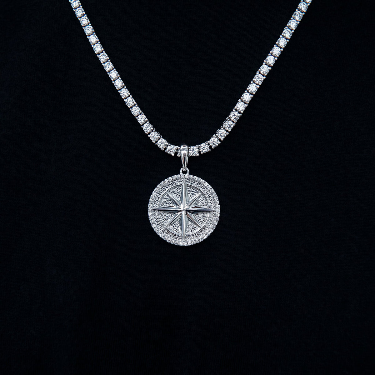 Compass Coin Pendant in White Gold