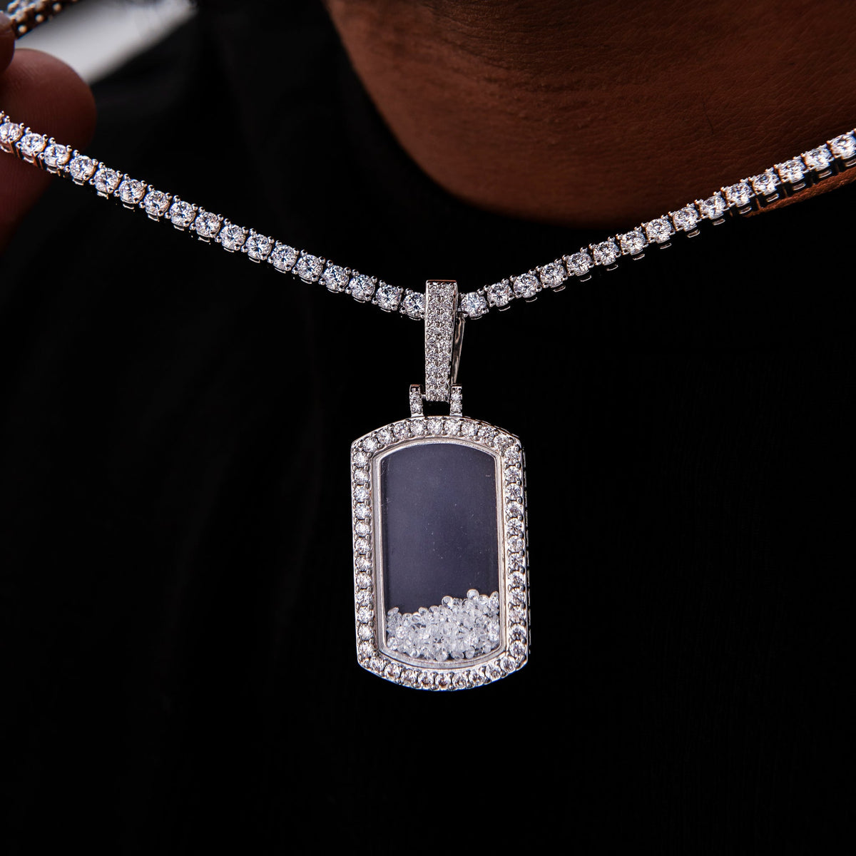 Loose Diamond Dog Tag Pendant in White Gold